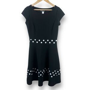 Rodan M‎ Fit & Flare Knee Length Dress Black Textured Polka Dot Twee Whimsical